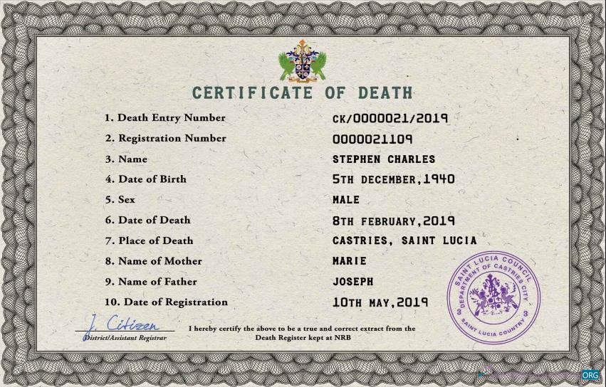 Download Saint Lucia vital record death certificate PSD template Photoshop template